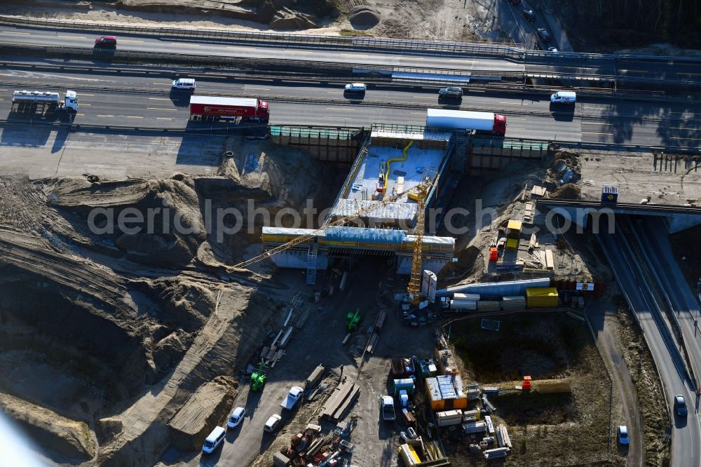 Michendorf from the bird's eye view: Motorway Construction and wheel spacers along the route of the motorway A10 to 8-lane track extension in Michendorf in Brandenburg