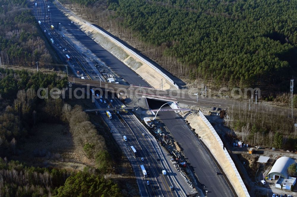 Aerial image Michendorf - Motorway Construction and wheel spacers along the route of the motorway A10 to 8-lane track extension in Michendorf in Brandenburg