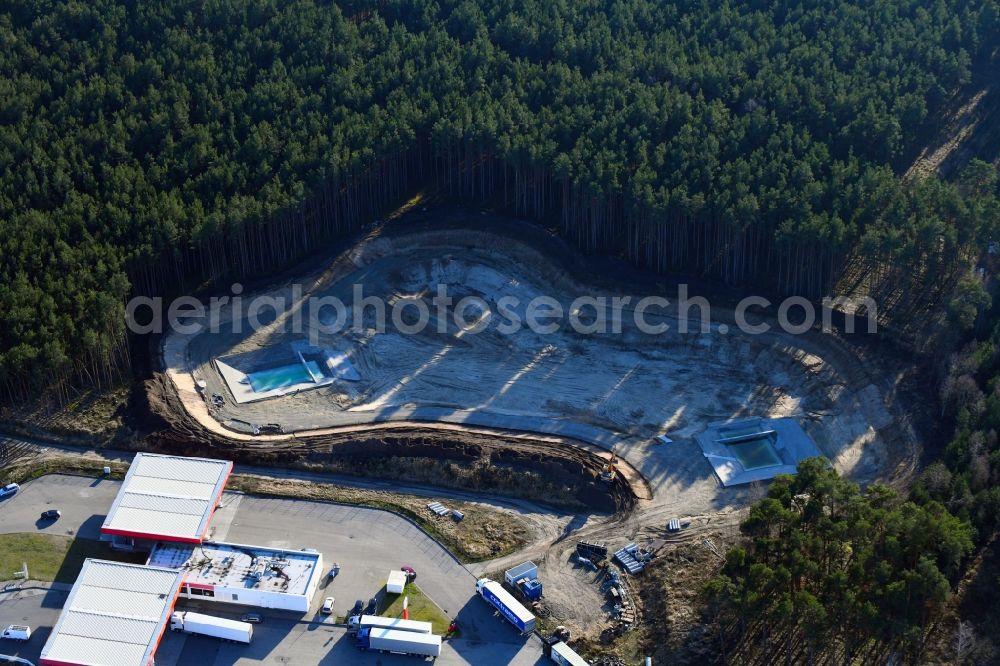 Michendorf from above - Motorway Construction and wheel spacers along the route of the motorway A10 to 8-lane track extension in Michendorf in Brandenburg