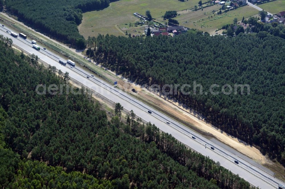 Friedrichshof from above - Highway construction site for the expansion and extension of track along the route of A12 E30 in Friedrichshof in the state Brandenburg