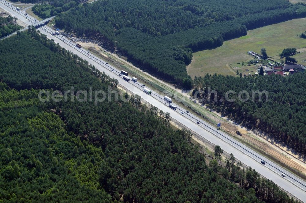 Aerial image Friedrichshof - Highway construction site for the expansion and extension of track along the route of A12 E30 in Friedrichshof in the state Brandenburg