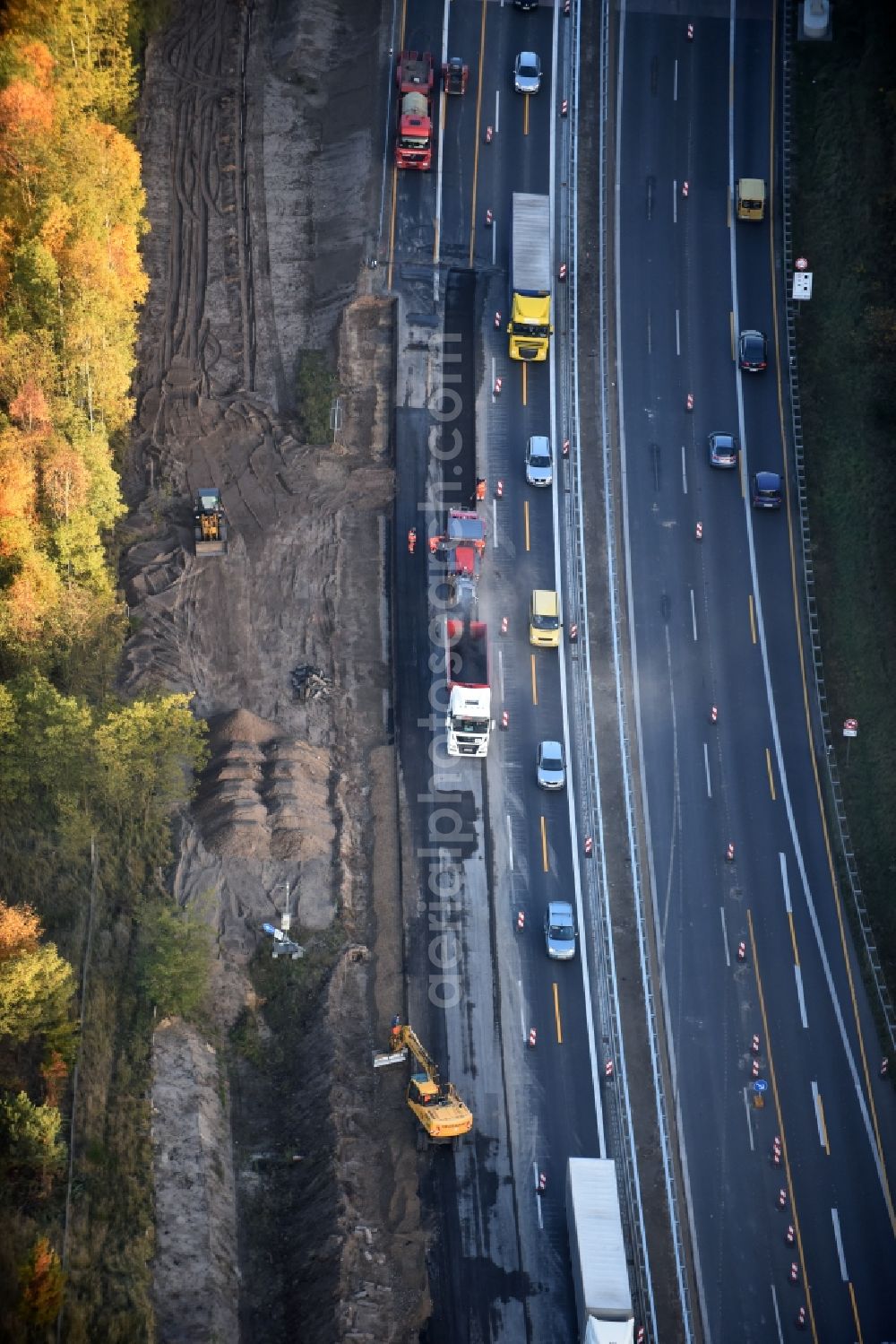 Friedrichshof from above - Highway construction site for the expansion and extension of track along the route of A12 E30 in Friedrichshof in the state Brandenburg