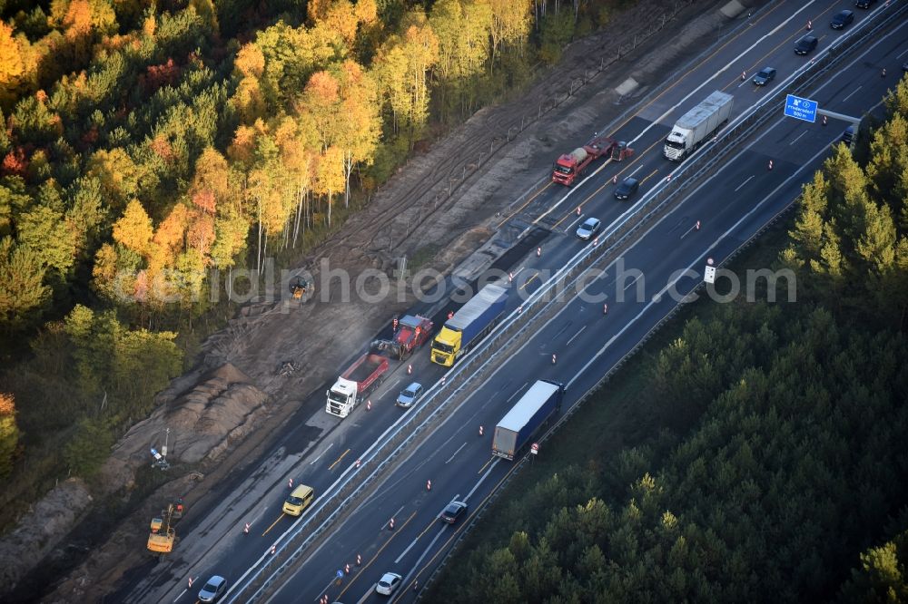 Friedrichshof from the bird's eye view: Highway construction site for the expansion and extension of track along the route of A12 E30 in Friedrichshof in the state Brandenburg