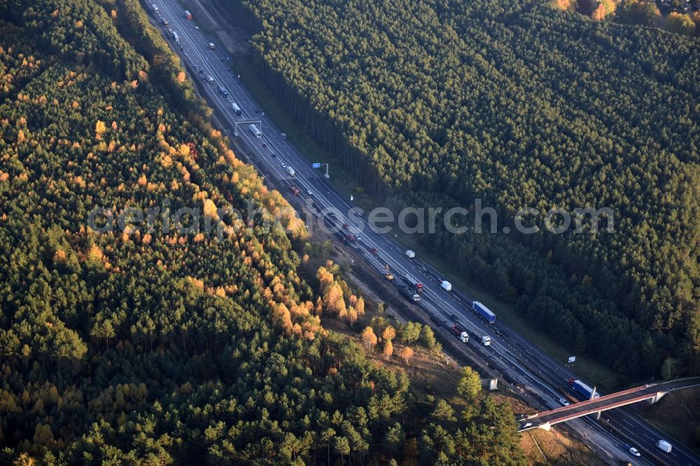 Friedrichshof from above - Highway construction site for the expansion and extension of track along the route of A12 E30 in Friedrichshof in the state Brandenburg