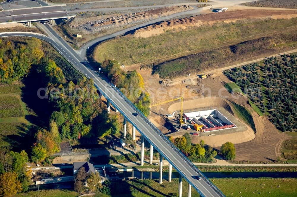 Bestwig from above - Construction at the federal mortorway A 46. Ruhrbridge with connection to the interstate B7 in Bestwig in the state of North Rhine-Westphalia