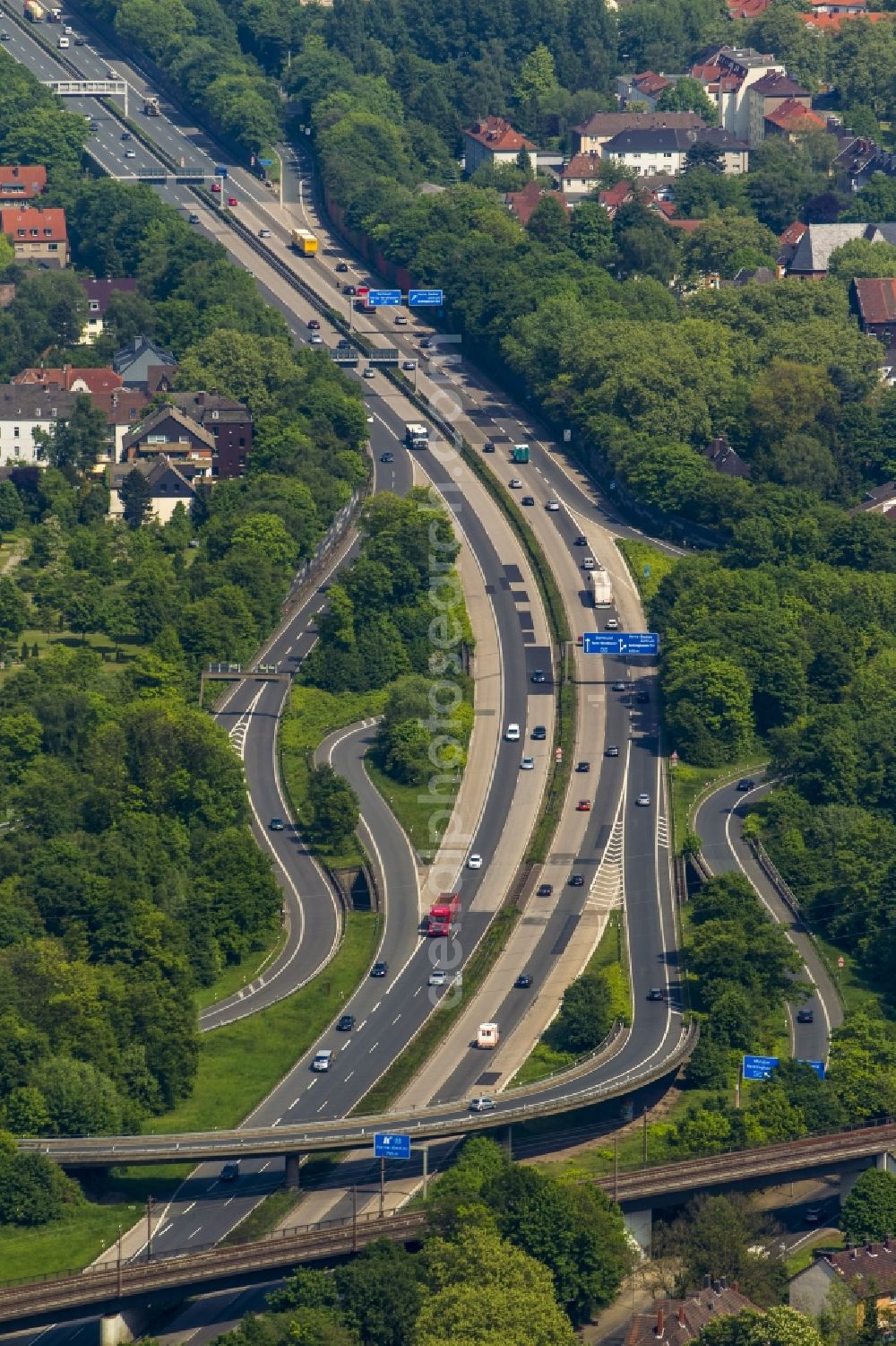 Aerial image Herne - Motorway BAB A42 motorway junction between Herne and departure Baukau West ring in Herne, in the state of North Rhine-Westphalia