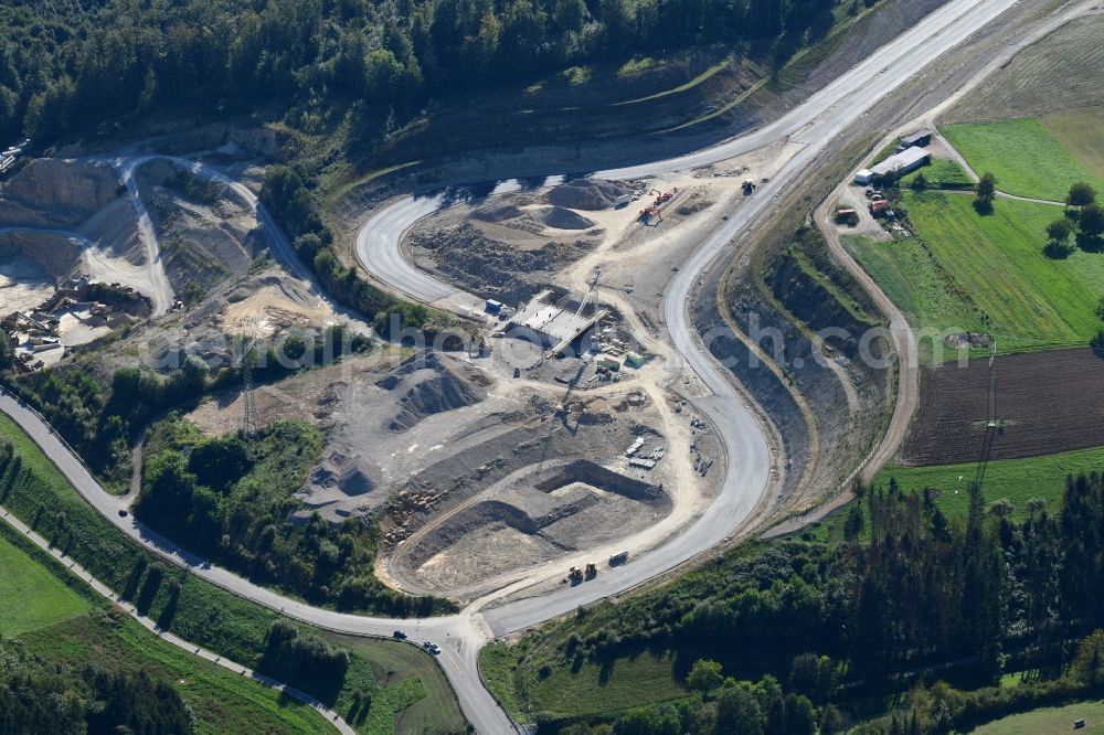 Rheinfelden (Baden) from above - Highway- construction site with earthworks along the route of the highway A98 at the junction Rheinfelden-East in Rheinfelden (Baden) in the state Baden-Wurttemberg, Germany