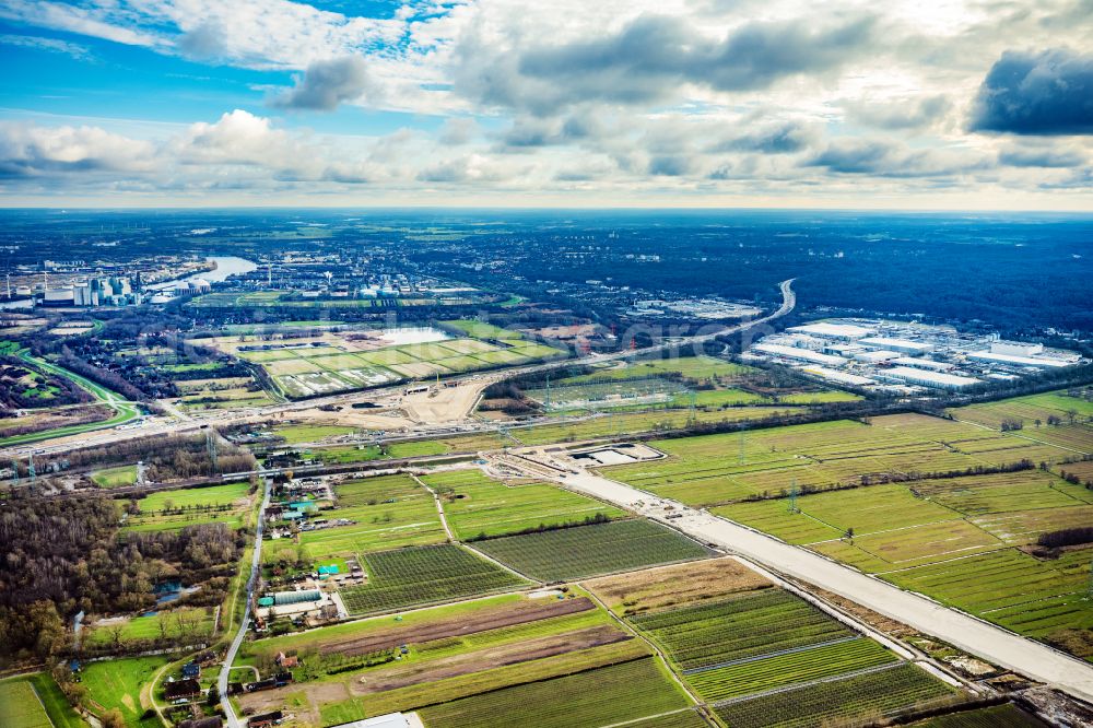 Hamburg from the bird's eye view: Motorway- Construction site with earthworks along the route and of the route of the highway Anschussstelle A26 A7 in Hamburg, Germany