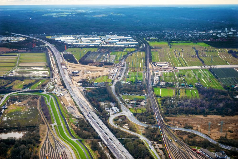 Aerial image Hamburg - Motorway- Construction site with earthworks along the route and of the route of the highway Anschussstelle A26 A7 in Hamburg, Germany