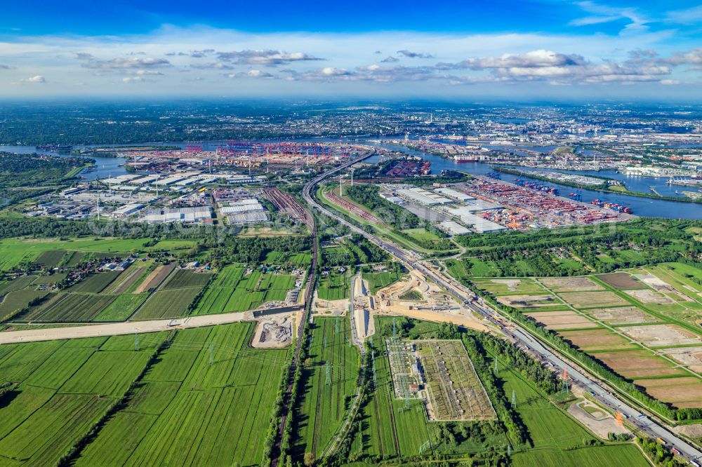 Aerial image Hamburg - Motorway- Construction site with earthworks along the route and of the route of the highway Anschussstelle A26 A7 in Hamburg, Germany