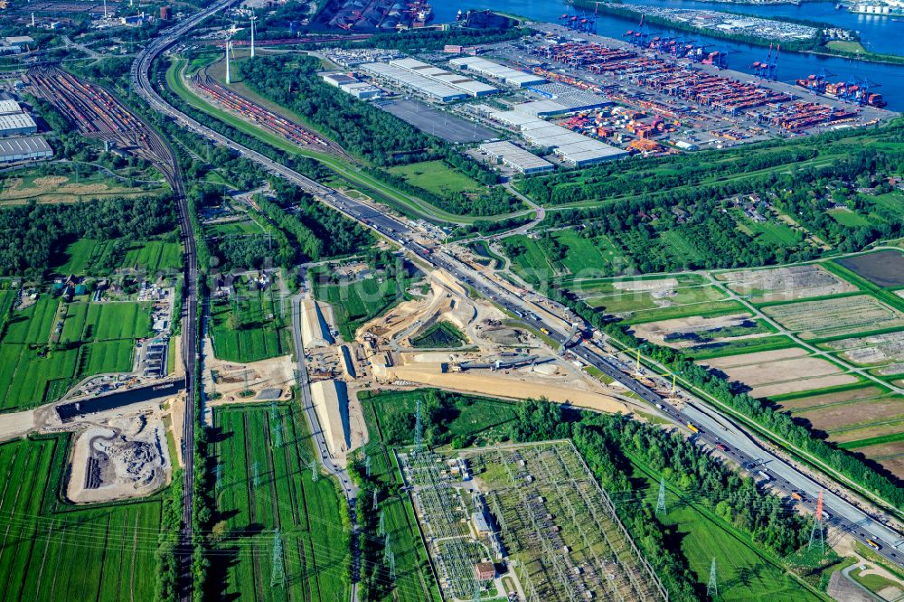 Aerial photograph Hamburg - Motorway- Construction site with earthworks along the route and of the route of the highway Anschussstelle A26 A7 in Hamburg, Germany