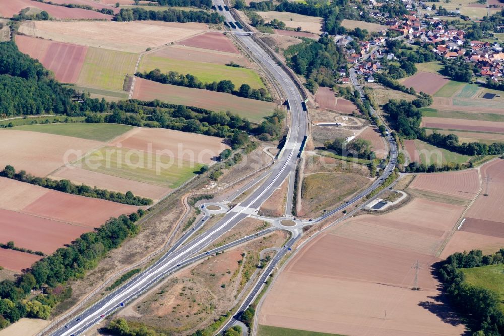 Waldkappel from the bird's eye view: Highway- Construction site with earthworks along the route and of the route of the highway of Autobahn A 44 in Waldkappel in the state Hesse, Germany