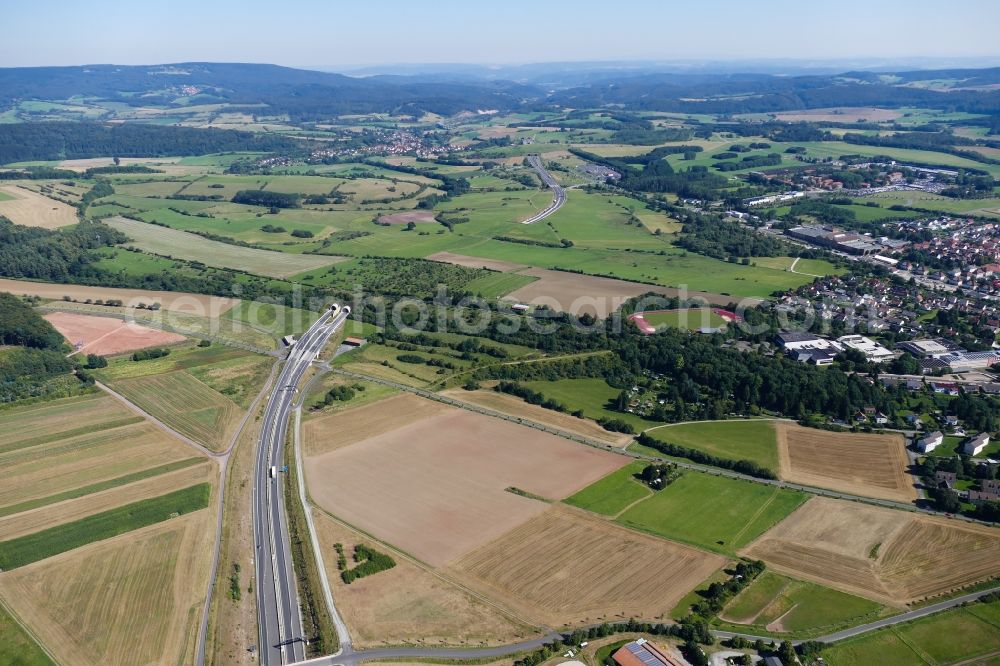 Aerial image Hessisch Lichtenau - Highway- Construction site with earthworks along the route and of the route of the highway der BAB A 44 in Hessisch Lichtenau in the state Hesse