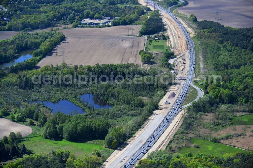 Mühlenbecker Land from above - Highway- Construction site with earthworks along the route and of the route of the highway of BAB 10 in Muehlenbecker Land in the state Brandenburg, Germany