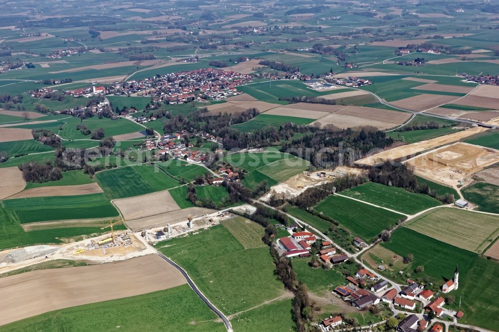 Aerial image Pfaffenkirchen - Highway- Construction site with earthworks along the route and of the route of the highway BAB A94 in Pfaffenkirchen in the state Bavaria