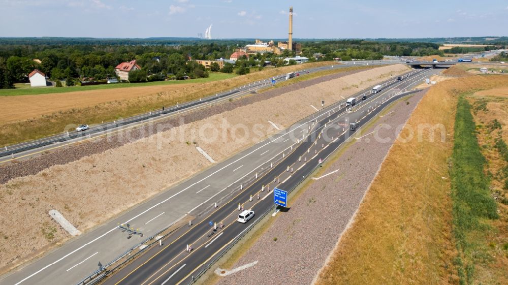 Rötha from above - Motorway- Construction site with earthworks along the route and of the route of the highway of BAB A72 in Roetha in the state Saxony, Germany