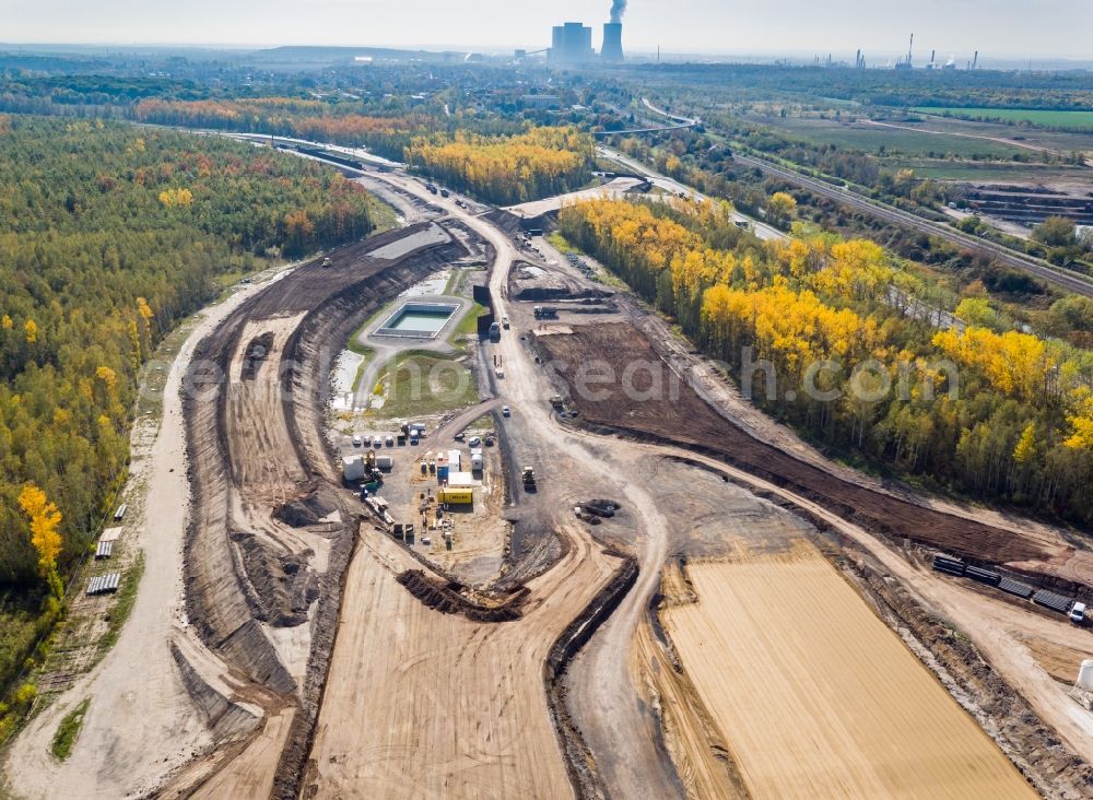 Rötha from the bird's eye view: Motorway- Construction site with earthworks along the route and of the route of the highway of BAB A72 in Roetha in the state Saxony, Germany