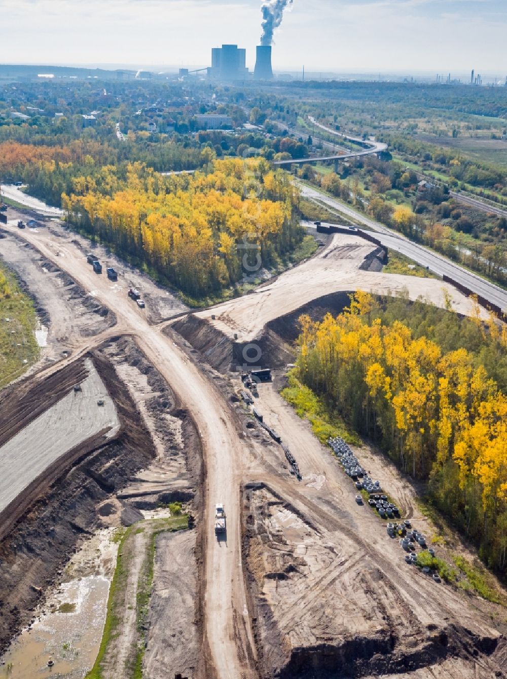 Aerial image Rötha - Motorway- Construction site with earthworks along the route and of the route of the highway of BAB A72 in Roetha in the state Saxony, Germany