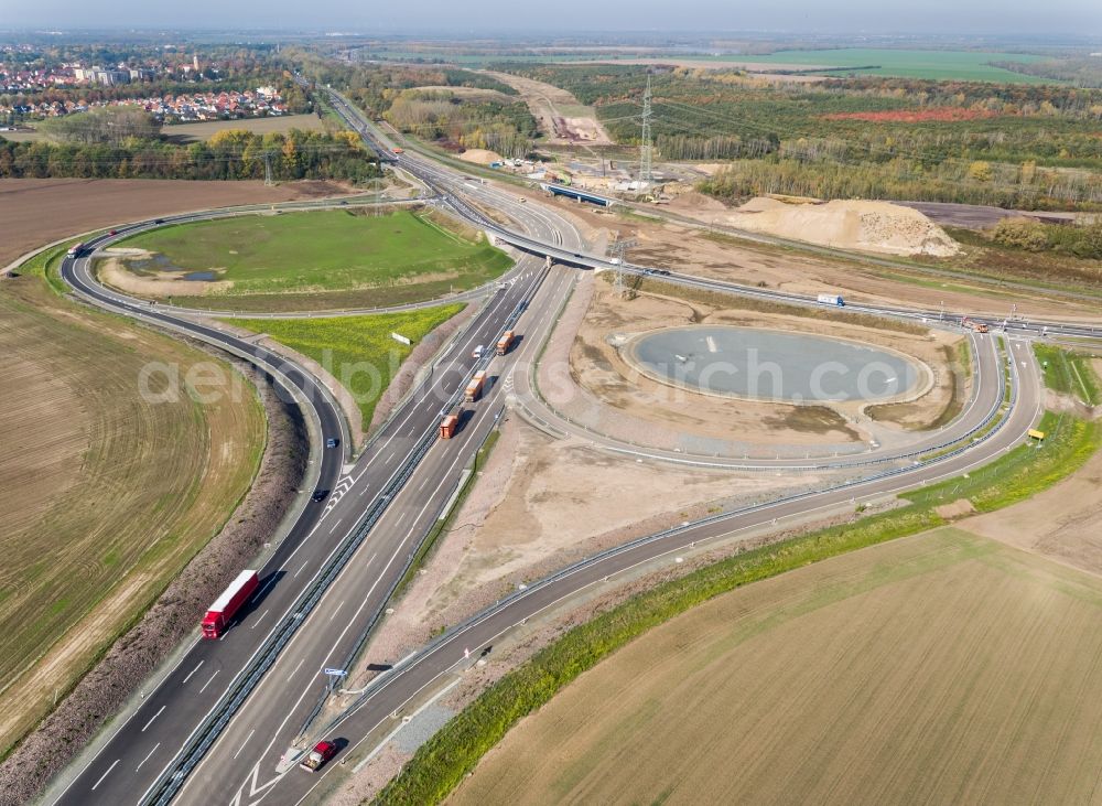 Rötha from above - Motorway- Construction site with earthworks along the route and of the route of the highway of BAB A72 in Roetha in the state Saxony, Germany