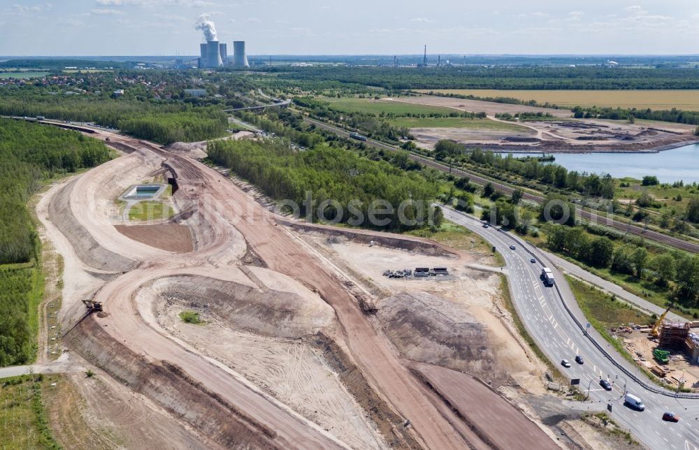 Aerial photograph Rötha - Motorway- Construction site with earthworks along the route and of the route of the highway of BAB A72 in Roetha in the state Saxony, Germany