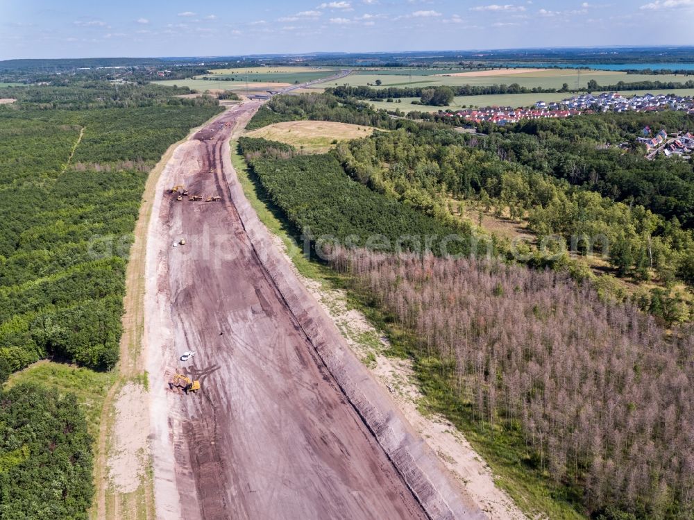 Aerial photograph Rötha - Motorway- Construction site with earthworks along the route and of the route of the highway of BAB A72 in Roetha in the state Saxony, Germany