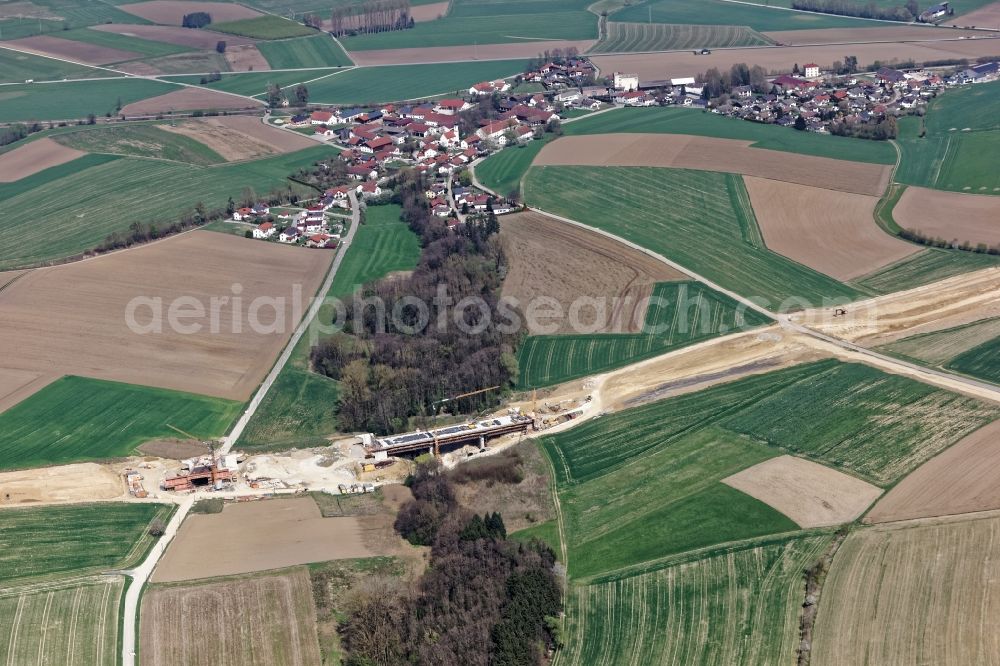 Weidenbach from the bird's eye view: Highway- Construction site with earthworks along the route and of the route of the highway BAB A94 in Weidenbach in the state Bavaria