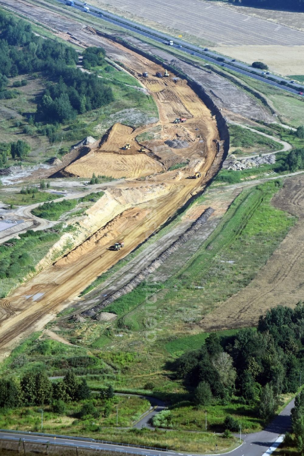 Aerial image Borna - Highway- Construction site with earthworks along the route and of the route of the highway route B95 to A72 motorway in Borna in the state Saxony