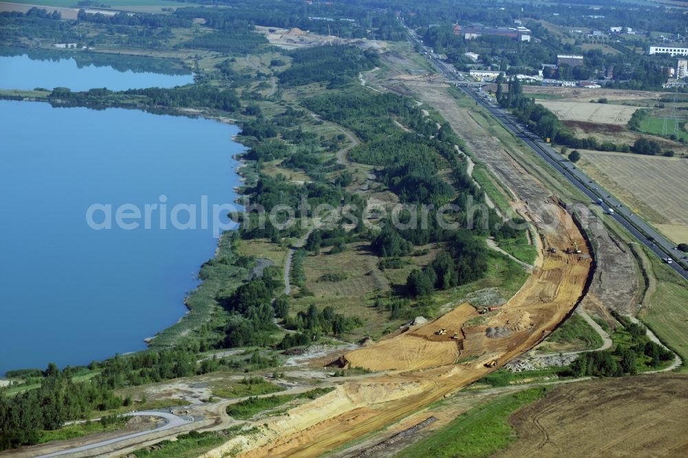 Aerial image Borna - Highway- Construction site with earthworks along the route and of the route of the highway route B95 to A72 motorway in Borna in the state Saxony