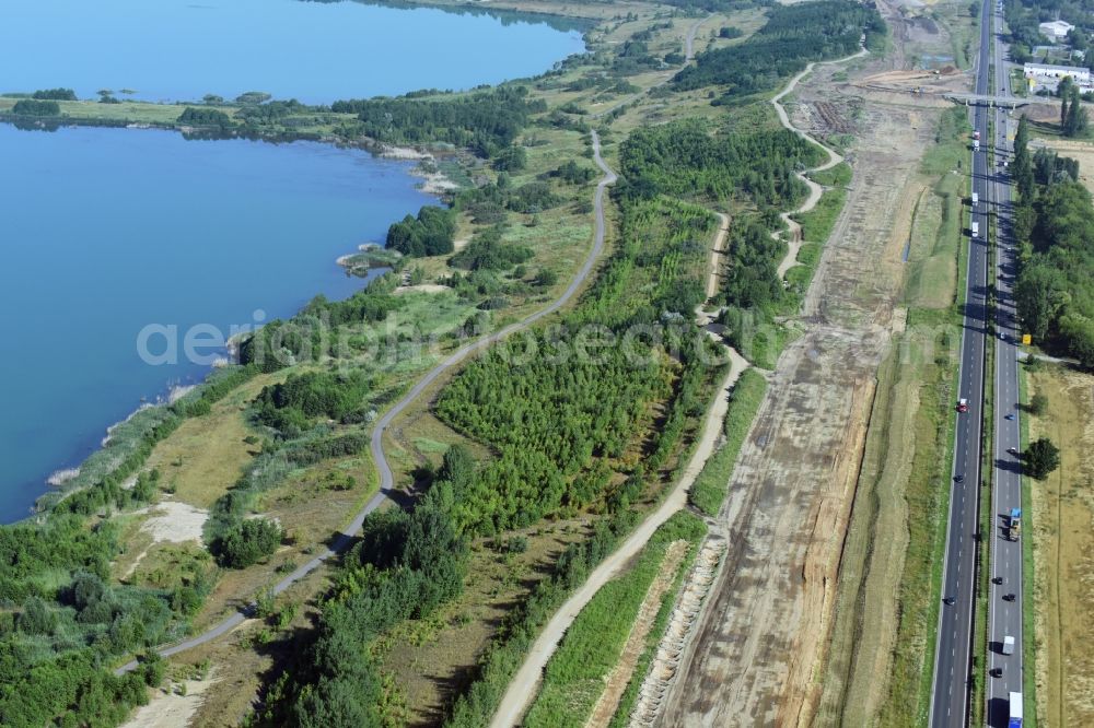 Aerial image Borna - Highway- Construction site with earthworks along the route and of the route of the highway route B95 to A72 motorway in Borna in the state Saxony