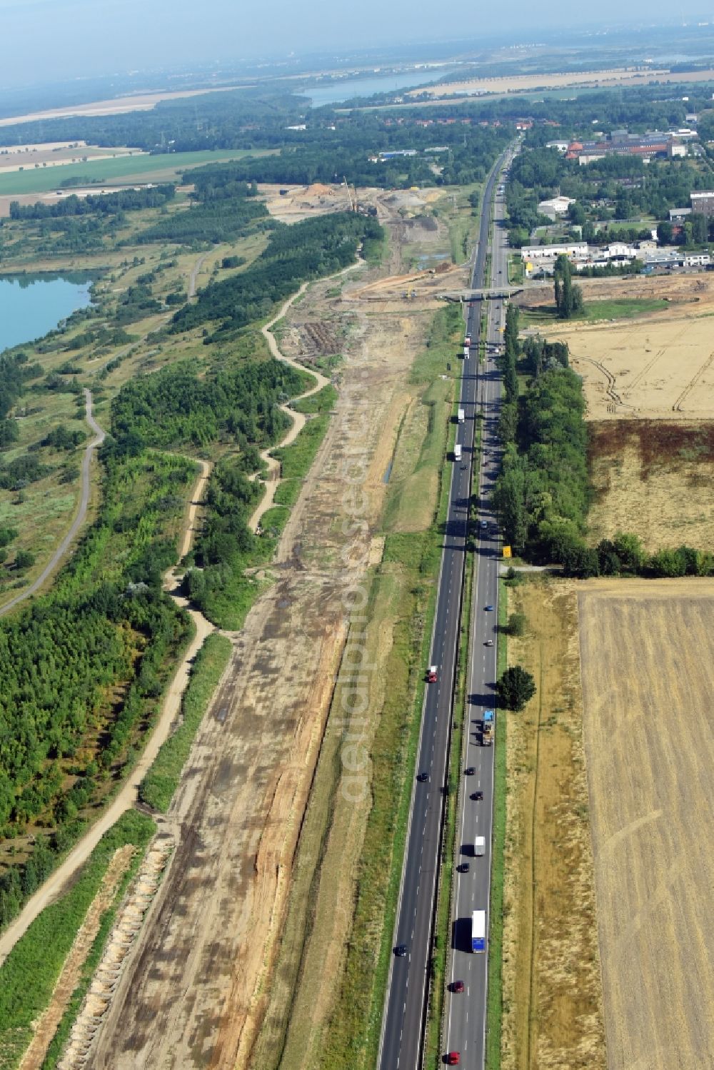 Aerial photograph Borna - Highway- Construction site with earthworks along the route and of the route of the highway route B95 to A72 motorway in Borna in the state Saxony