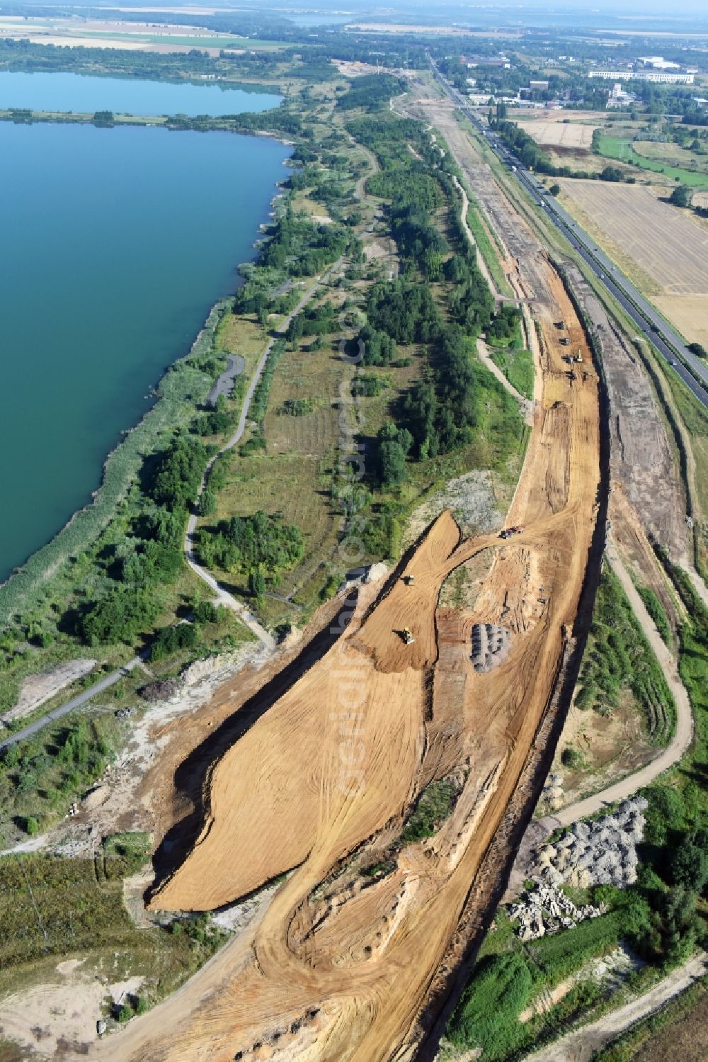 Espenhain from above - Highway- Construction site with earthworks along the route and of the route of the highway route B95 to A72 motorway in Espenhain in the state Saxony