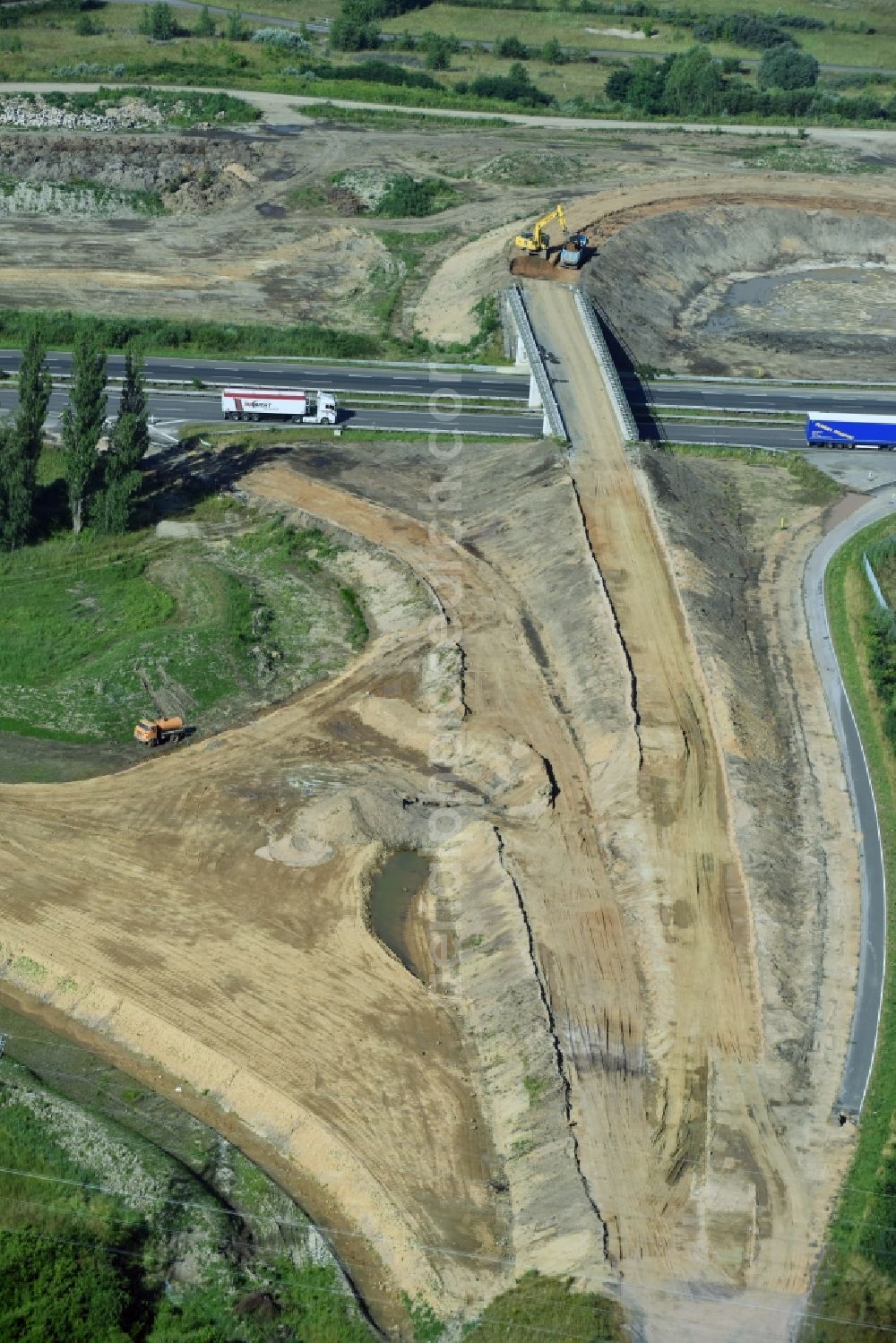 Espenhain from above - Highway- Construction site with earthworks along the route and of the route of the highway route B95 to A72 motorway in Espenhain in the state Saxony