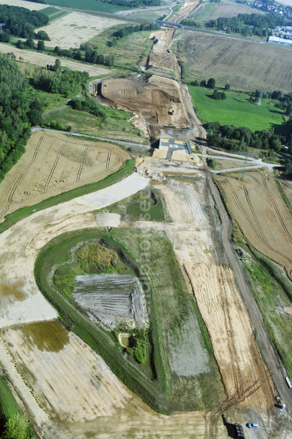 Aerial image Kesselhain - Highway- Construction site with earthworks along the route and of the route of the highway route B95 to A72 motorway in Kesselhain in the state Saxony