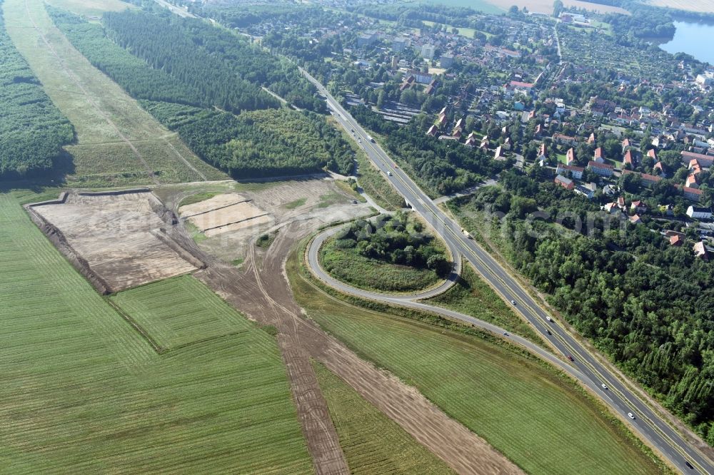 Aerial photograph Rötha - Highway- Construction site with earthworks along the route and of the route of the highway route B95 to A72 motorway in Roetha in the state Saxony