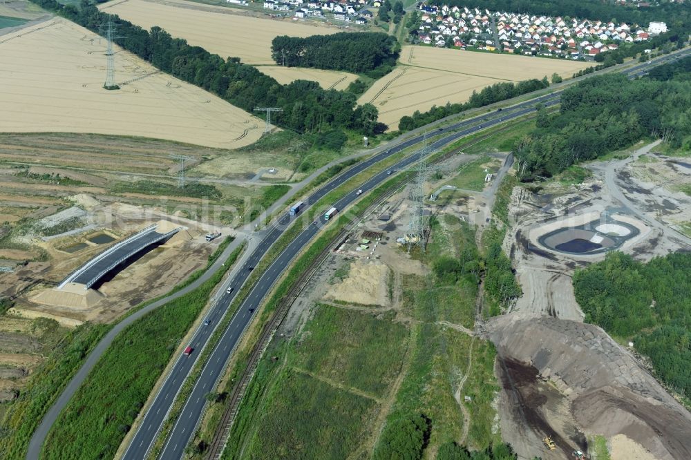 Aerial photograph Rötha - Finished bridge construction and stormwater retention tanks and fire water pond - Highway- Construction site with earthworks along the route and of the route of the highway route B95 to A72 motorway in Roetha in the state Saxony