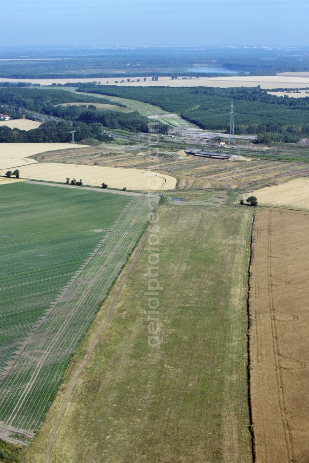 Rötha from above - Highway- Construction site with earthworks along the route and of the route of the highway route B95 to A72 motorway in Roetha in the state Saxony