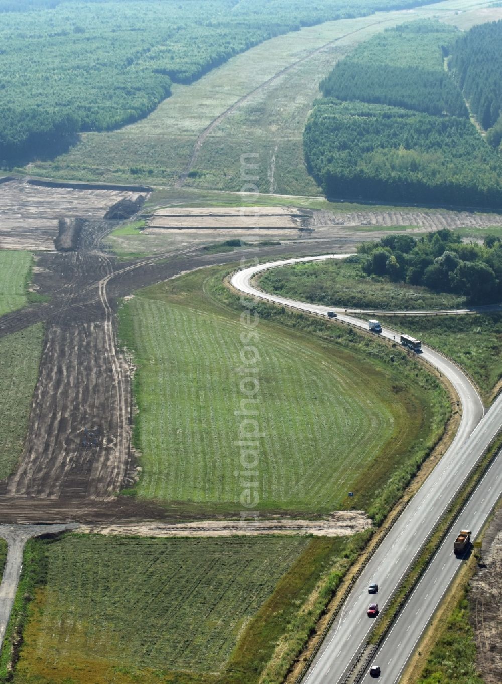 Rötha from above - Highway- Construction site with earthworks along the route and of the route of the highway route B95 to A72 motorway in Roetha in the state Saxony