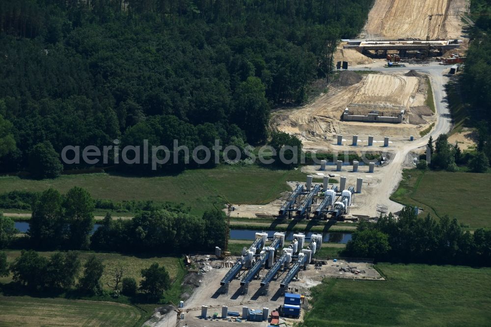 Fresenbrügge from the bird's eye view: Highway- Construction site with earthworks along the route and of the route of the highway bridge Eldebruecke on federal- motorway BAB A14 in Fresenbruegge in the state Mecklenburg - Western Pomerania