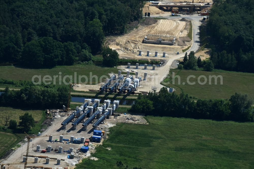 Aerial image Fresenbrügge - Highway- Construction site with earthworks along the route and of the route of the highway bridge Eldebruecke on federal- motorway BAB A14 in Fresenbruegge in the state Mecklenburg - Western Pomerania