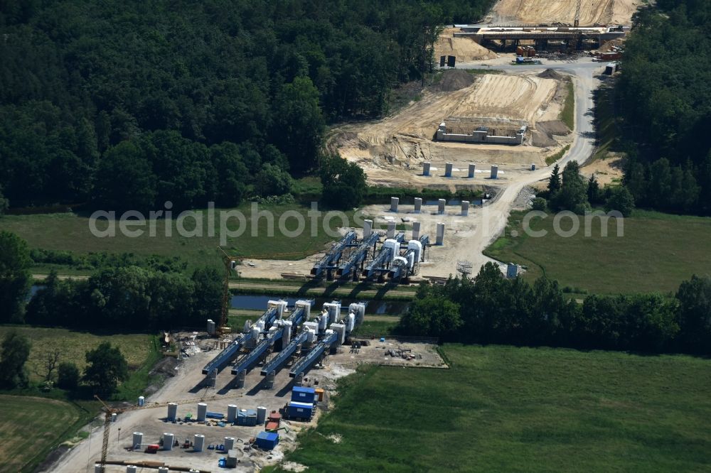 Aerial photograph Fresenbrügge - Highway- Construction site with earthworks along the route and of the route of the highway bridge Eldebruecke on federal- motorway BAB A14 in Fresenbruegge in the state Mecklenburg - Western Pomerania