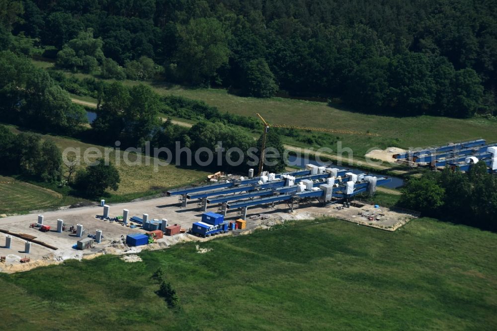 Fresenbrügge from above - Highway- Construction site with earthworks along the route and of the route of the highway bridge Eldebruecke on federal- motorway BAB A14 in Fresenbruegge in the state Mecklenburg - Western Pomerania