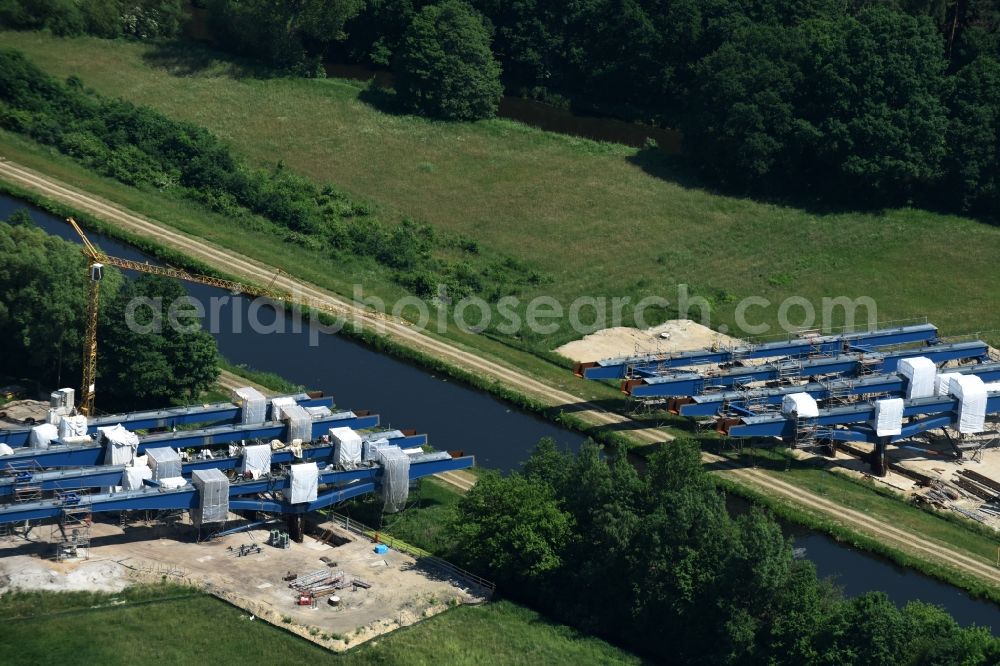 Fresenbrügge from the bird's eye view: Highway- Construction site with earthworks along the route and of the route of the highway bridge Eldebruecke on federal- motorway BAB A14 in Fresenbruegge in the state Mecklenburg - Western Pomerania