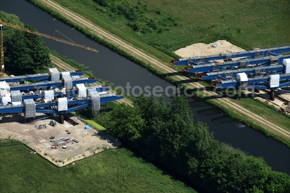 Aerial image Fresenbrügge - Highway- Construction site with earthworks along the route and of the route of the highway bridge Eldebruecke on federal- motorway BAB A14 in Fresenbruegge in the state Mecklenburg - Western Pomerania