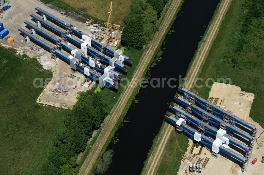 Fresenbrügge from above - Highway- Construction site with earthworks along the route and of the route of the highway bridge Eldebruecke on federal- motorway BAB A14 in Fresenbruegge in the state Mecklenburg - Western Pomerania