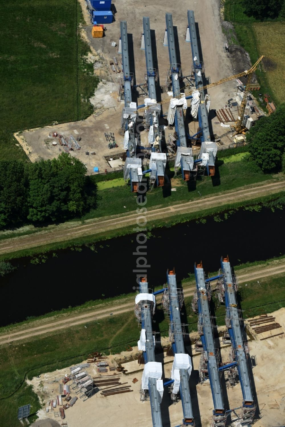 Aerial image Fresenbrügge - Highway- Construction site with earthworks along the route and of the route of the highway bridge Eldebruecke on federal- motorway BAB A14 in Fresenbruegge in the state Mecklenburg - Western Pomerania