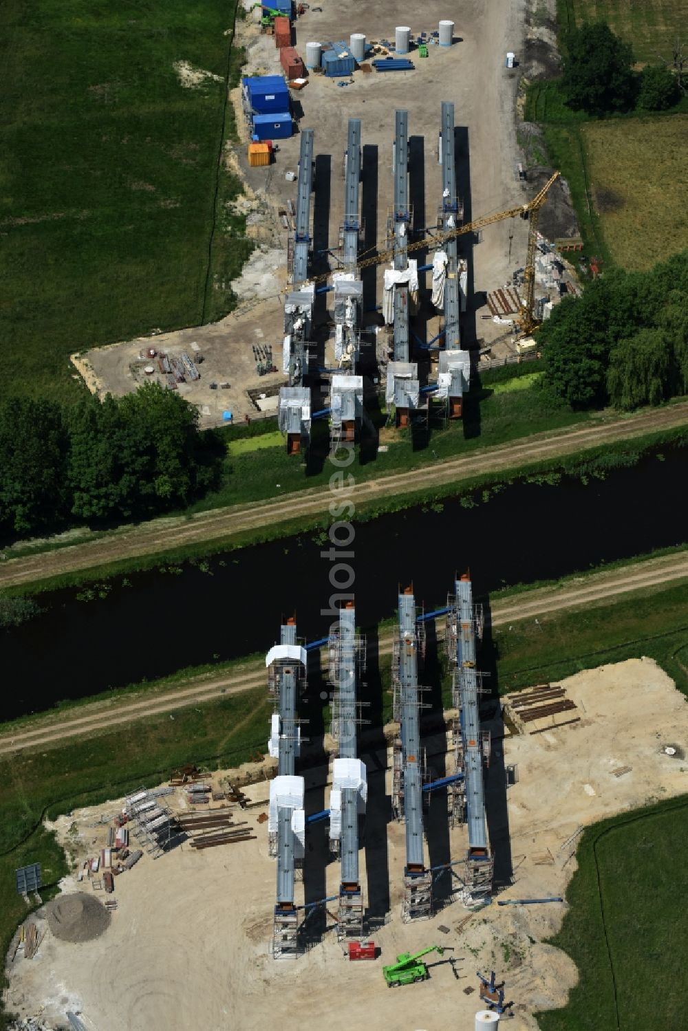 Aerial photograph Fresenbrügge - Highway- Construction site with earthworks along the route and of the route of the highway bridge Eldebruecke on federal- motorway BAB A14 in Fresenbruegge in the state Mecklenburg - Western Pomerania