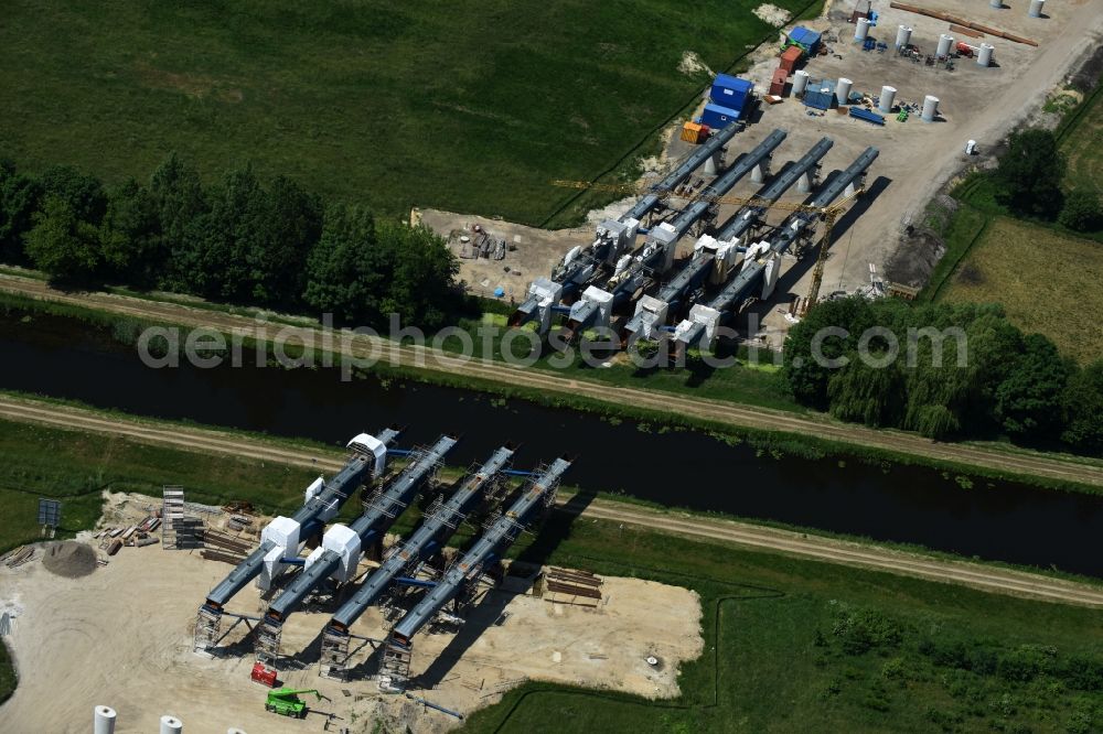 Aerial image Fresenbrügge - Highway- Construction site with earthworks along the route and of the route of the highway bridge Eldebruecke on federal- motorway BAB A14 in Fresenbruegge in the state Mecklenburg - Western Pomerania