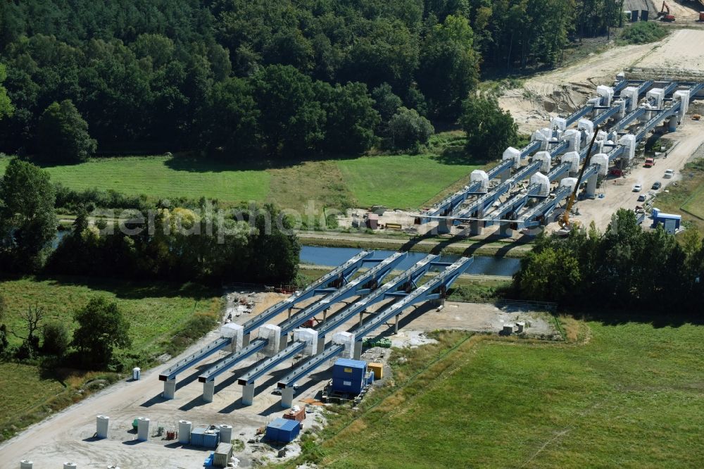 Aerial photograph Grabow - Highway- Construction site with earthworks along the route and of the route of the highway bridge Eldebruecke on federal- motorway BAB A14 in Fresenbruegge in the state Mecklenburg - Western Pomerania