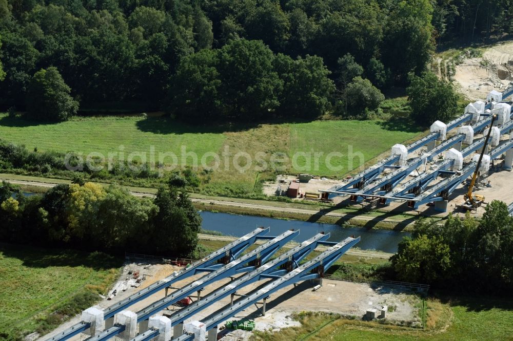 Grabow from above - Highway- Construction site with earthworks along the route and of the route of the highway bridge Eldebruecke on federal- motorway BAB A14 in Fresenbruegge in the state Mecklenburg - Western Pomerania