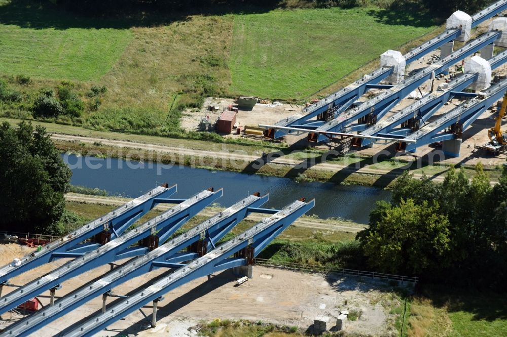 Grabow from the bird's eye view: Highway- Construction site with earthworks along the route and of the route of the highway bridge Eldebruecke on federal- motorway BAB A14 in Fresenbruegge in the state Mecklenburg - Western Pomerania